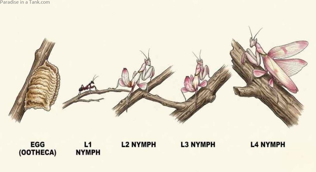 A side by side size view of Orchid Mantis growth stages on branches.