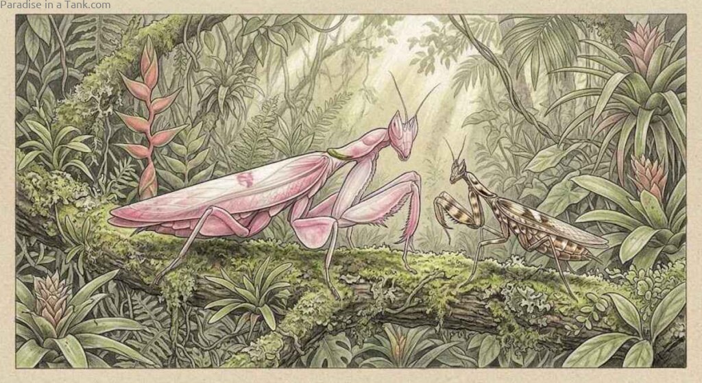 Side by side comparison showing size differences between male and female orchid mantises.