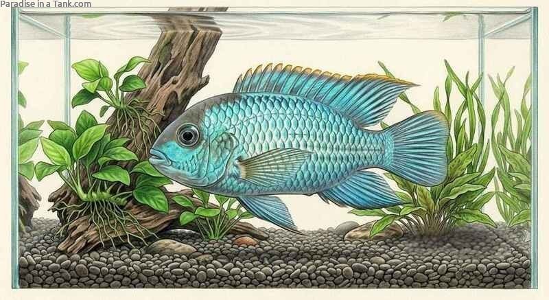 Side profile of an Electric Blue Acara resting above aquarium substrate.