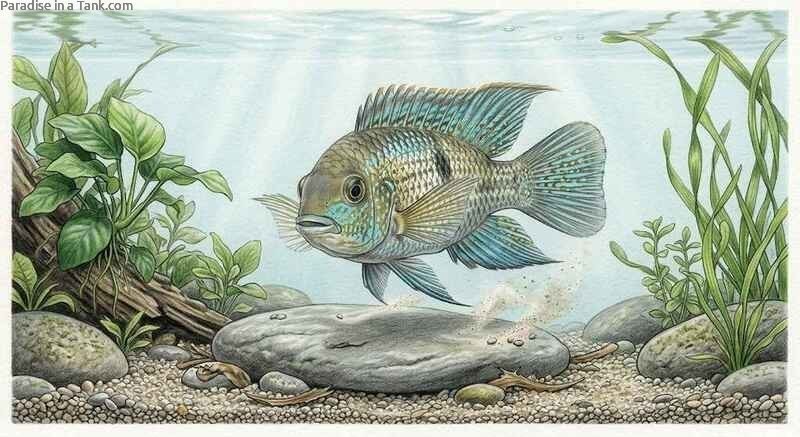 Blue Acara flaring fins while swimming near natural aquarium rocks.