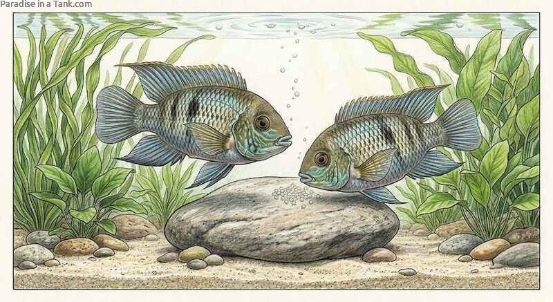 A spawning Blue Acara pair guarding eggs deposited on a flat slate rock.