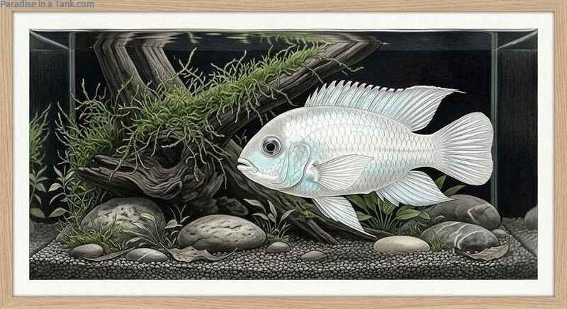 Vibrant Platinum Blue Acara exploring an aquarium filled with driftwood and rocks.