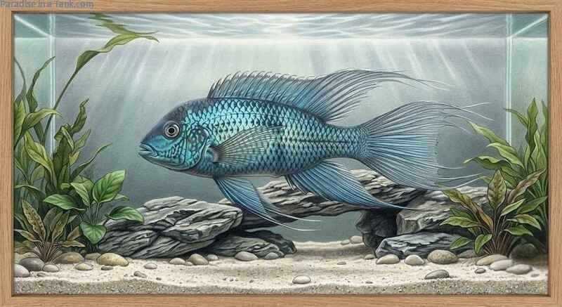 Side profile of a Royal Long Fin Blue Acara resting above a fine sand bed.
