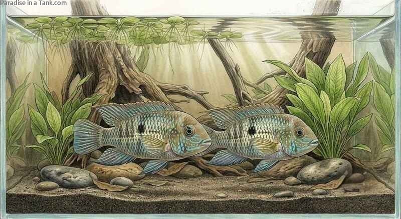 Wild Variant Blue Acara displaying vivid blue markings while swimming alongside peaceful community tankmates.