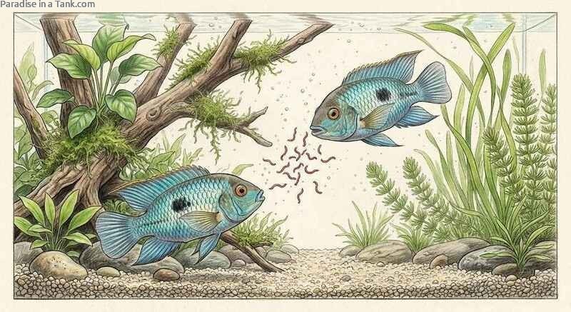 Blue acaras eating bloodworms near live aquatic plants in a freshwater tank.