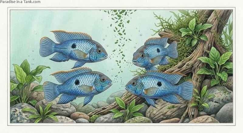 Blue acaras swimming together while eating spirulina flakes in a brightly lit aquarium.