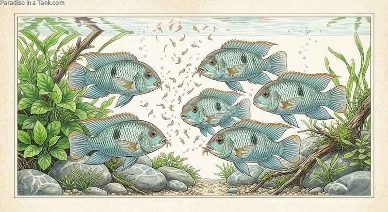 Close up view of blue acaras consuming frozen brine shrimp near fine sand.
