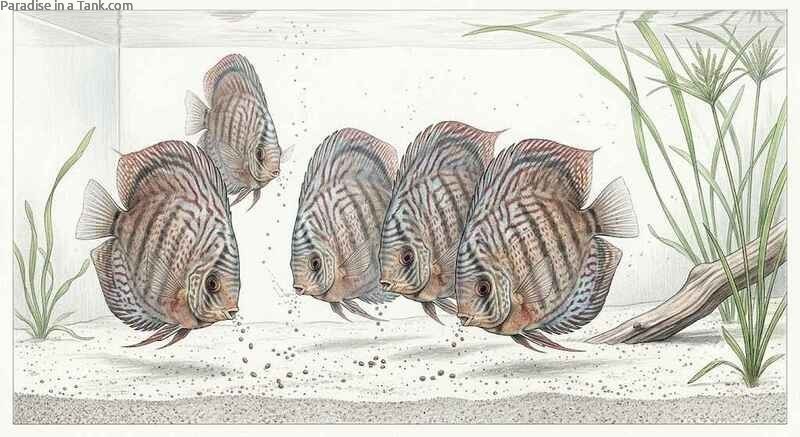 Discus eating sinking pellets gracefully inside a spacious well-maintained glass fish tank.