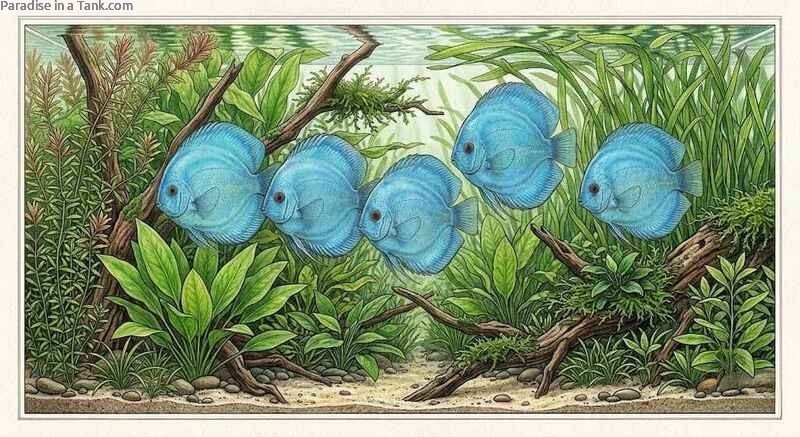 Majestic Discus displaying rich colors among driftwood and vibrant aquatic vegetation.