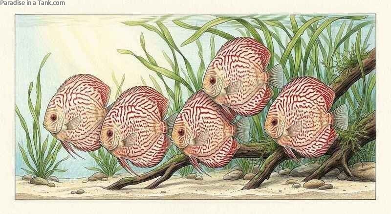 Vibrant pigeon-red discus swimming peacefully in a clean, established freshwater aquarium setup.