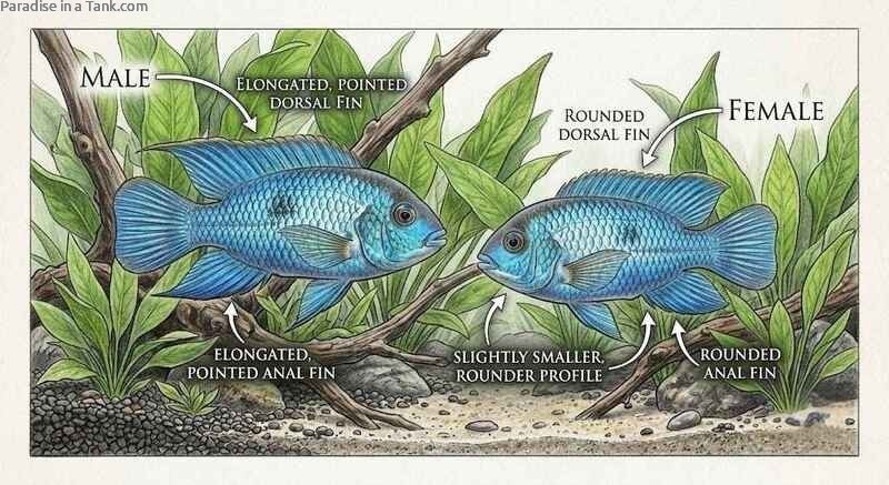 Side profile comparing male and female Electric Blue Acara body shapes and fin lengths.