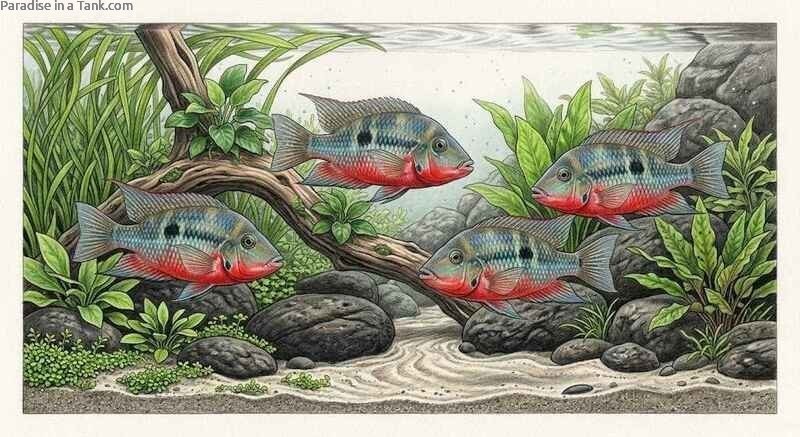 A group of Firemouth cichlids swimming together near natural driftwood and rocks.