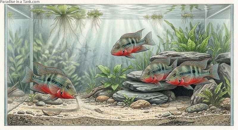 Pair of Firemouth Cichlids guarding their territory near a smooth aquarium rock.