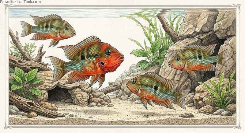 Firemouth cichlid displaying aggression by flaring red throat gills near aquarium substrate.