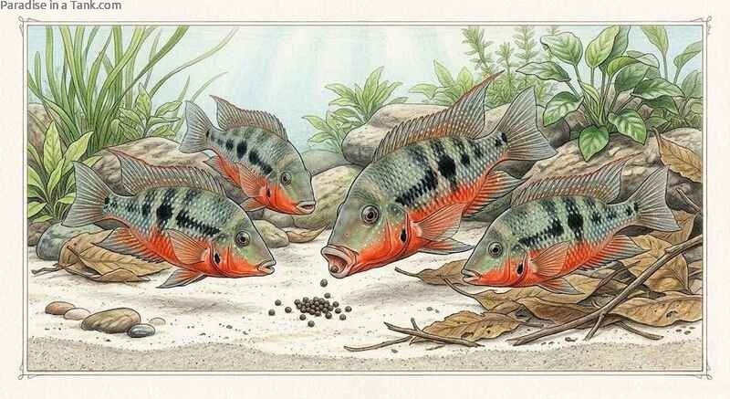 Firemouth cichlid catching a small sinking pellet.
