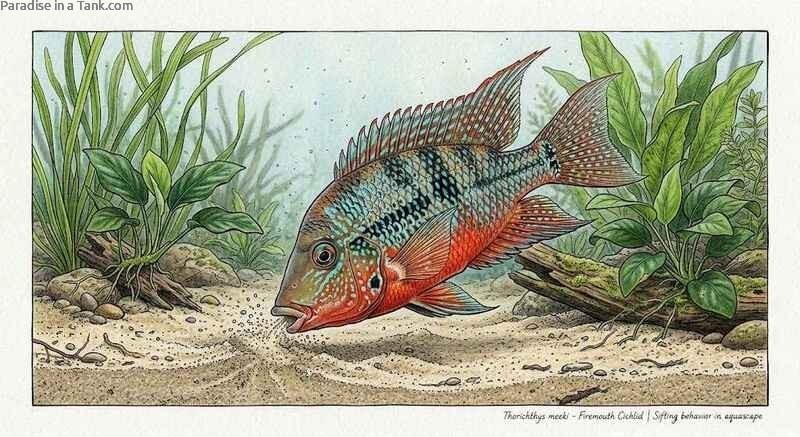 Firemouth cichlid sifting through sand along the substrate of a planted freshwater aquarium.