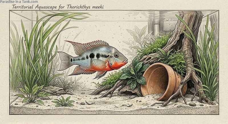 Detailed side view of a Firemouth Cichlid with terracotta pot in clean water.