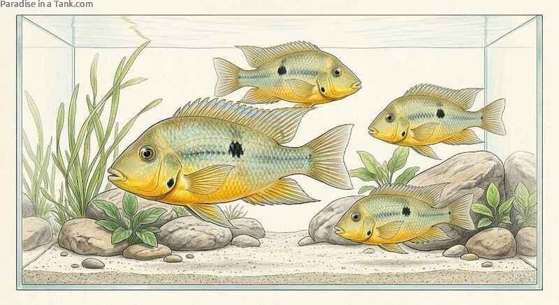 Close up view of a yellow variant Firemouth cichlid displaying golden body scales.