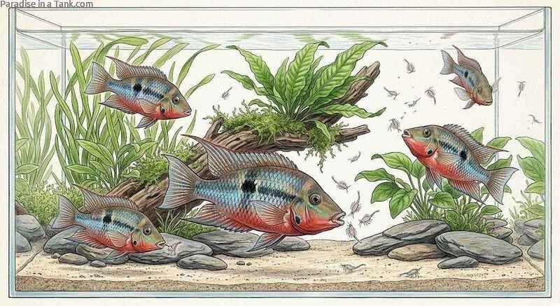 Firemouth cichlids eating live brine shrimp in a densely planted freshwater community aquarium.