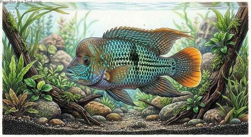 A detailed view highlighting Green Terror Cichlid Gold Saum inside a home tank.