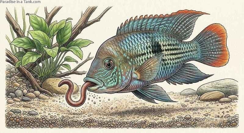 Green Terror Cichlid eating earthworm live food inside a brightly lit home tank.