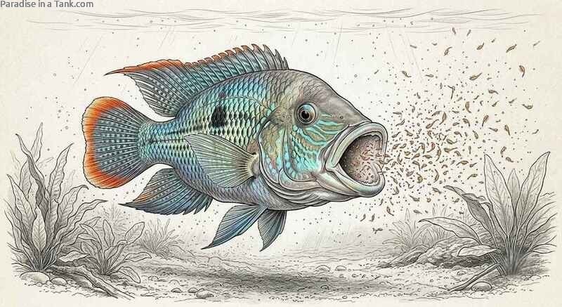Feeding live brine shrimp helps enhance the brilliant metallic scales of Green Terror Cichlids.
