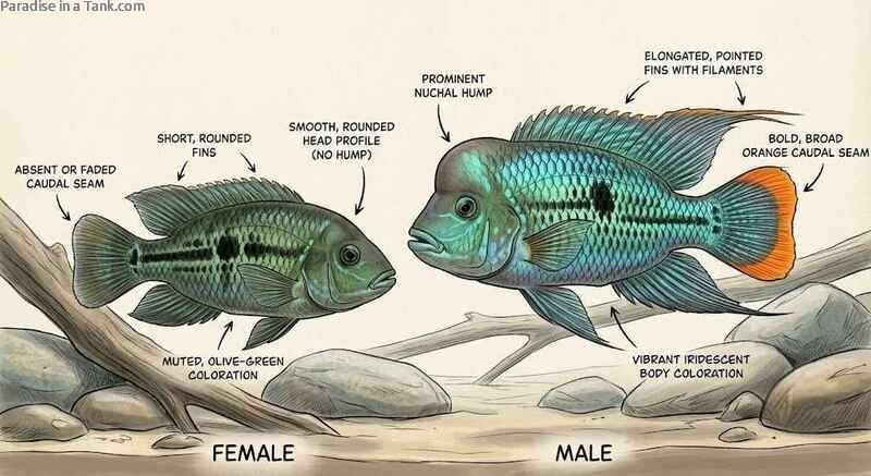 Side by side view highlighting Green Terror Cichlid male vs female differences in aquarium decor.