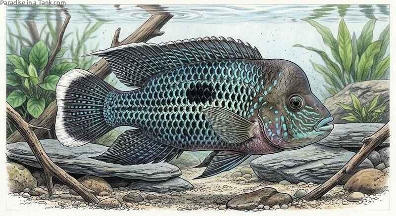 A healthy True Green Terror Cichlid swimming actively inside a well decorated freshwater aquarium.