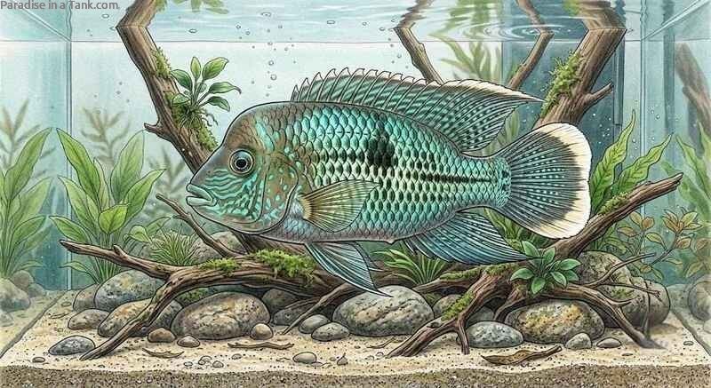 A colorful Green Terror Cichlid White Saum swimming across a lush freshwater aquarium.