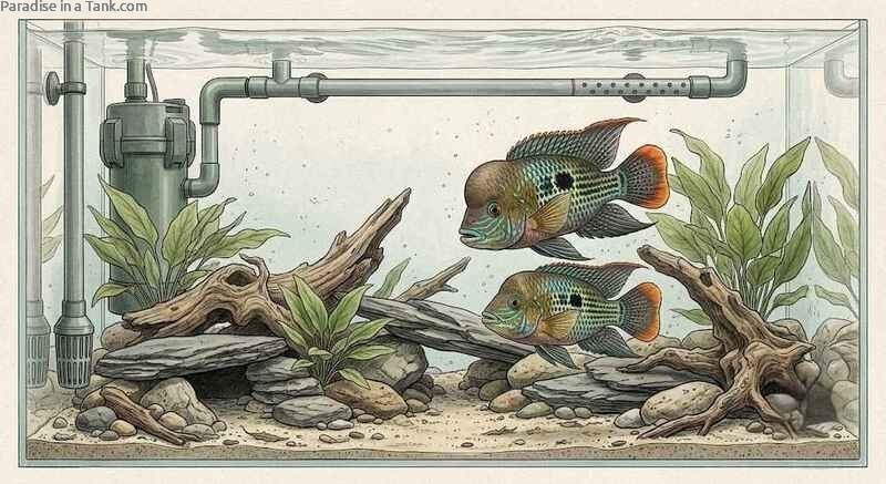 Green Terror Cichlids with Large Canister Filter plumbing visible in a large home display.